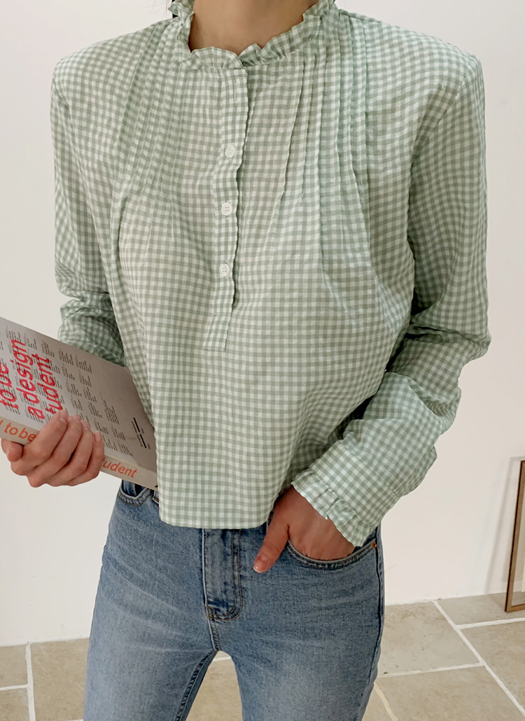 フリルネックチェック柄ブラウス レディースファッション通販 Dholic