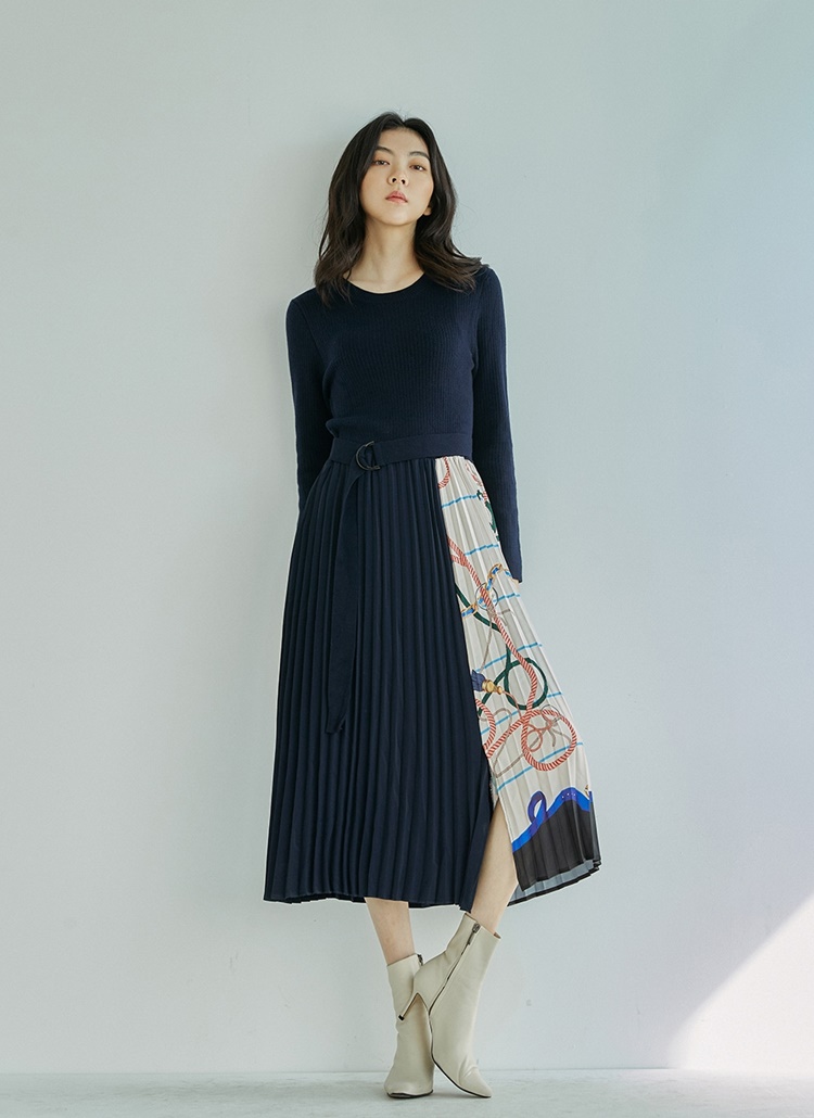 パターンプリーツ配色ニットワンピース ネイビー レディースファッション通販 Dholicディーホリック ファストファッション 水着 ワンピース
