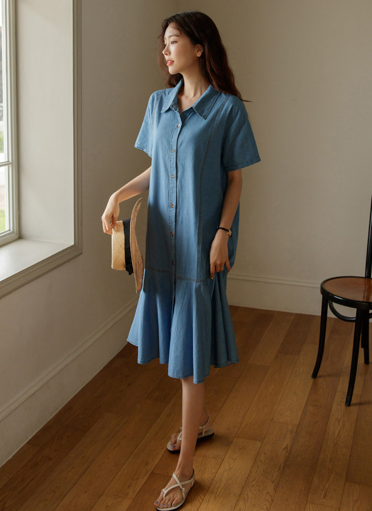 デニムフレア半袖カラーシャツワンピース春夏秋 ワンピース ミディワンピース Jojean ジャストワン ファッション総合通販 Dholic