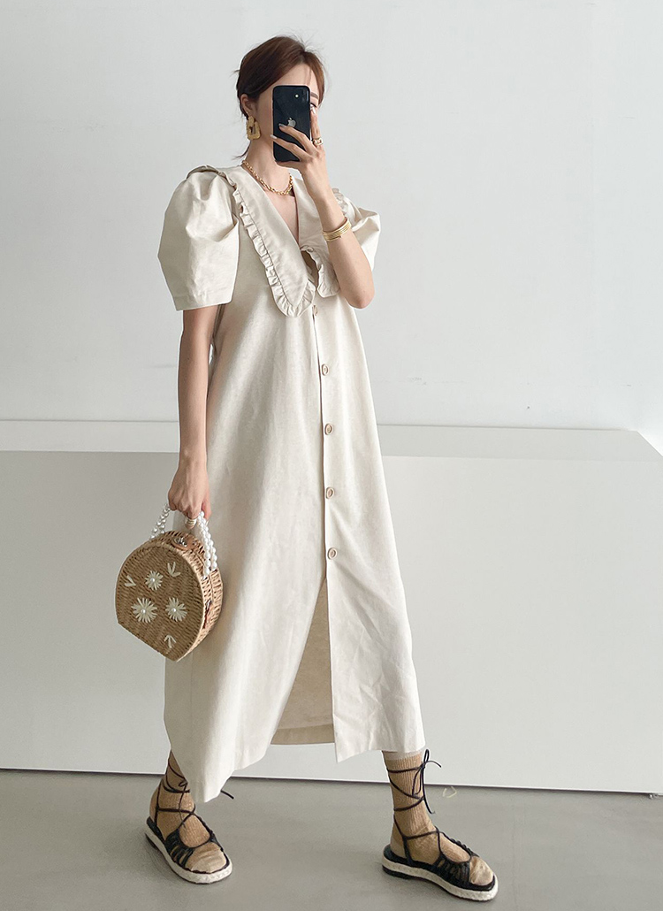 綿フリルビッグロングカラーボタンパフ半袖aラインロングワンピース春夏秋 ワンピース ロングワンピース Dholic Style Ladies Ppgirl ファッション総合通販 Dholic