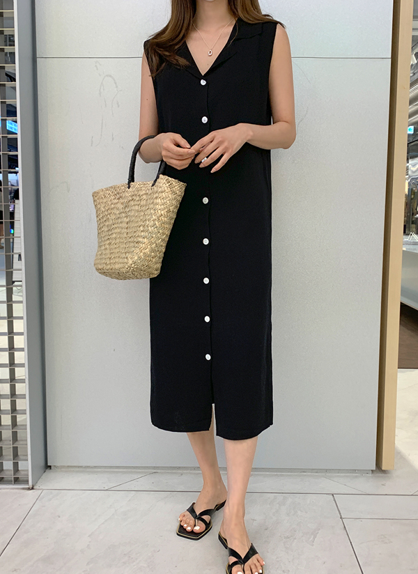 開襟オープンカラーニットボタンhラインスリーブレスノースリロングワンピース春夏 ワンピース ミディワンピース Themay1 メイブルー ファッション総合通販 Dholic