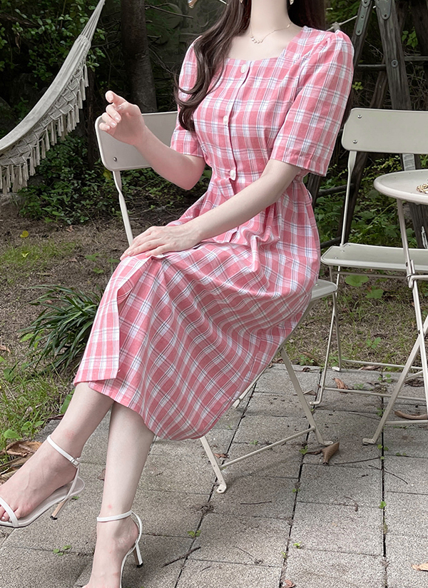 パフ袖ウエストタックチェック柄ボタンワンピース夏 ワンピース ロングワンピース Fiona フィオナ ファッション総合通販 Dholic