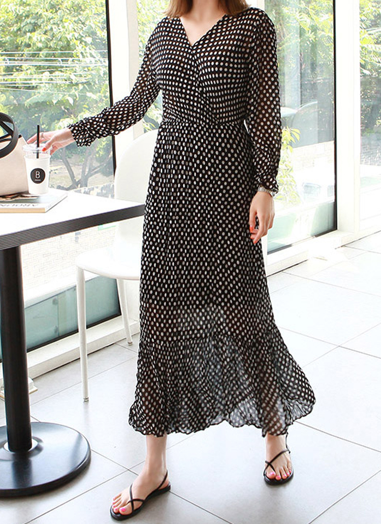 Vネックウエストゴムドット長袖ロングワンピース春夏秋 ワンピース ロングワンピース Gaenso ゲンソ ファッション総合通販 Dholic