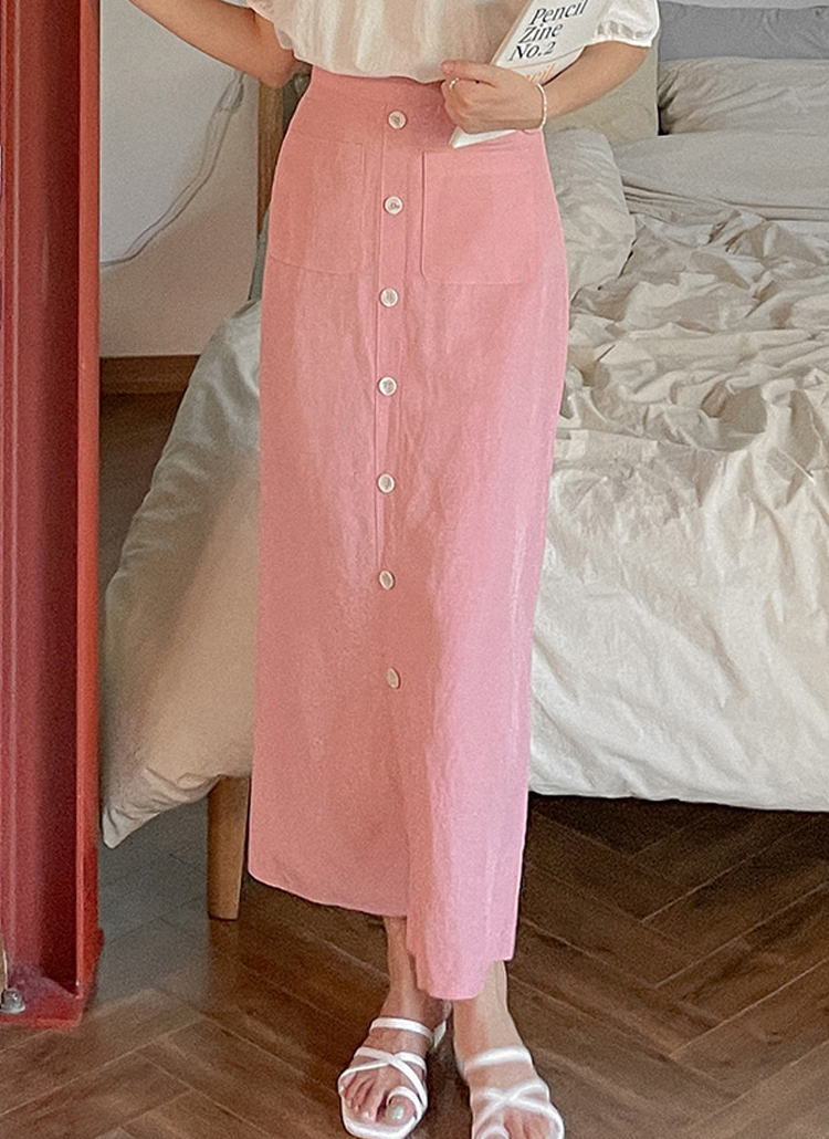 ボタンラインポケットストレートリネン麻ピンクロングスカート春夏 スカート ロングスカート Dustypink ダスティピンク ファッション総合通販 Dholic
