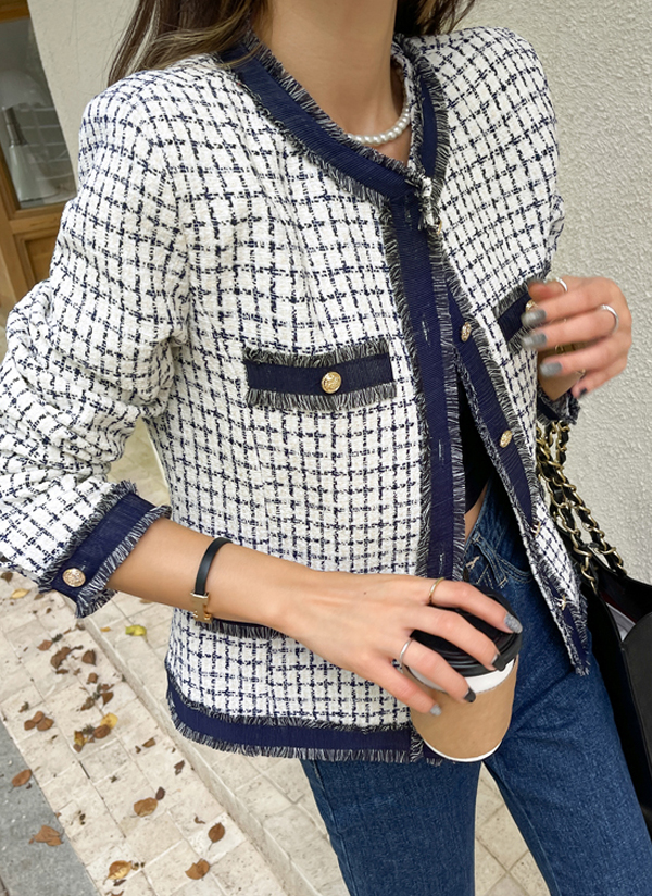 デニムミックスフリンジデニム配色ツイードジャケット春秋冬 アウター ジャケット Dabagirl ダバガール ファッション総合通販 Dholic