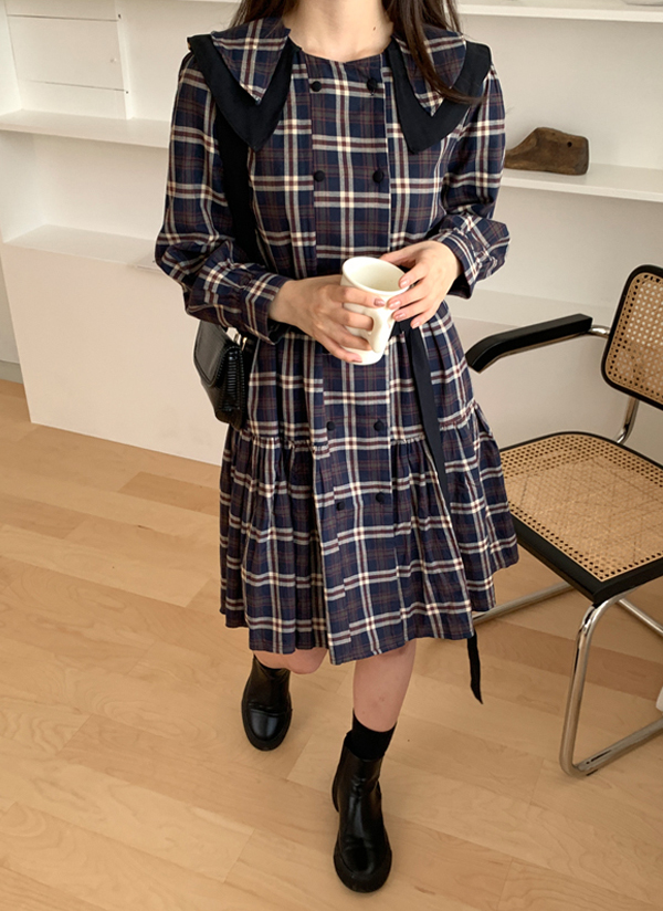 ベルト付ビッグカラー襟チェックパターンプリーツくるみボタンワンピース春夏秋 ワンピース ミニワンピース 66girls 66ガールズ ファッション総合通販 Dholic