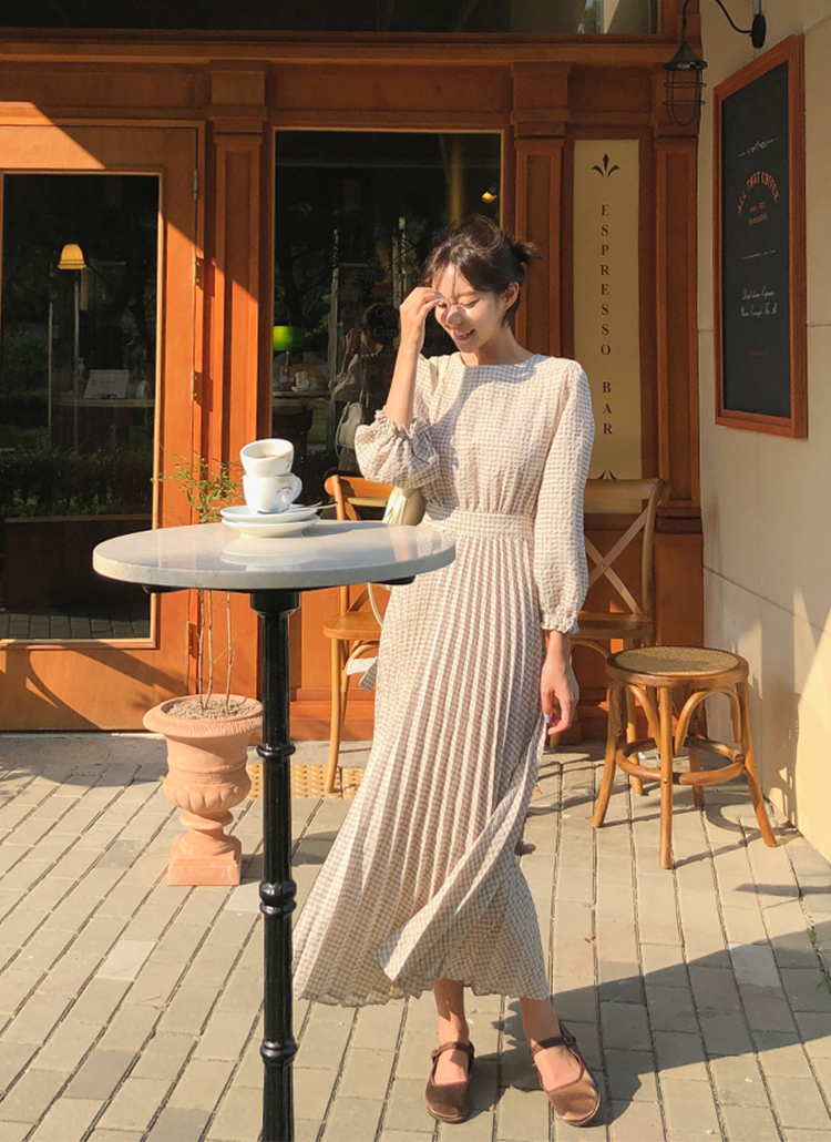 チェック柄プリーツリボンフレアパターン長袖フリルロングワンピース春夏秋 ワンピース ロングワンピース Cherrykoko チェリーココ ファッション総合通販 Dholic