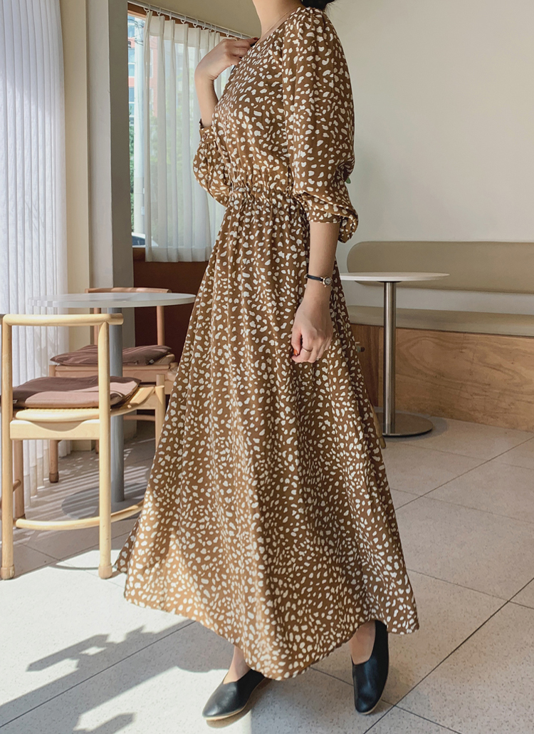 ドローストリングパターンラウンドネックパフスリーブロングワンピース春夏秋 ワンピース ロングワンピース Kclub ケークラブ ファッション総合通販 Dholic