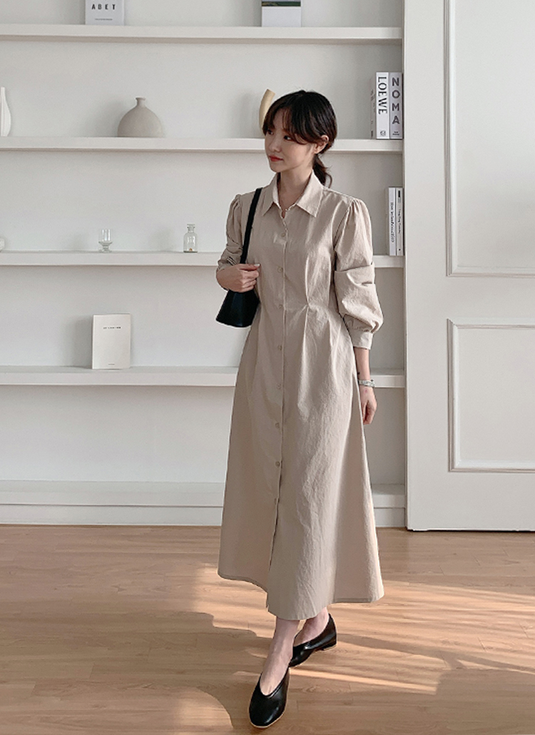 ウエストタックフレアシャツリボンカラーネックパフスリーブロングワンピース春秋冬 ワンピース ロングワンピース Leming ルミング ファッション総合通販 Dholic
