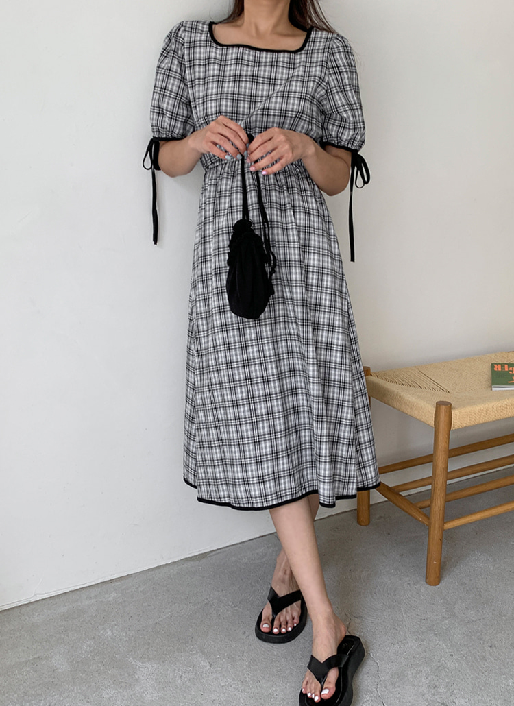 スクエアネックバッグset袖リボンチェック柄ワンピース春夏秋 ワンピース ロングワンピース Envylook エンビールック ファッション総合通販 Dholic