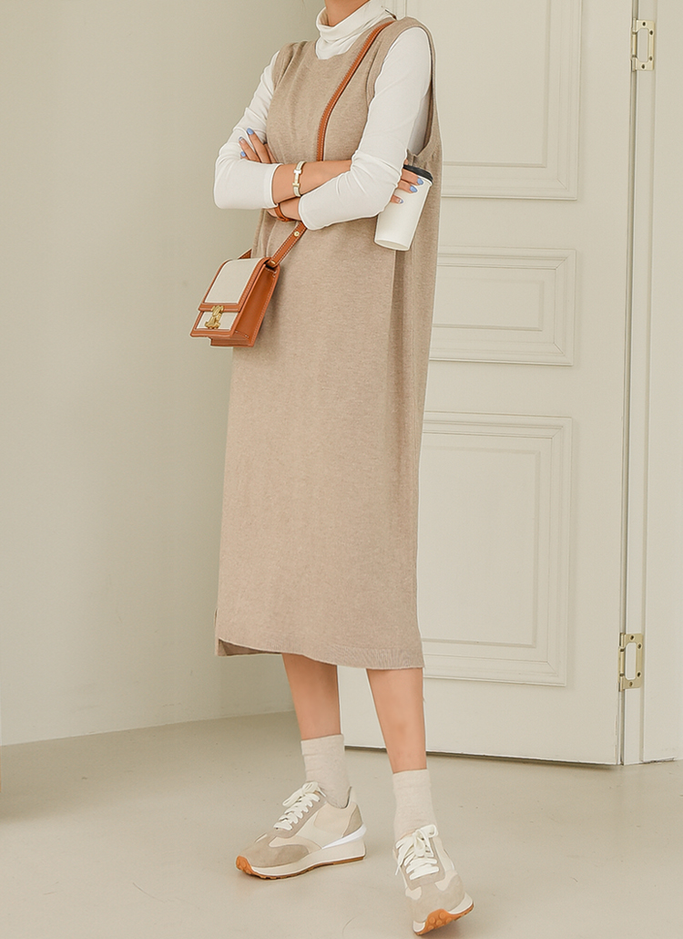 ノースリーブニットラウンドネックレイヤード重ね着無地ミディワンピース春秋冬 ワンピース ミディワンピース Everynana エブリナナ ファッション総合通販 Dholic