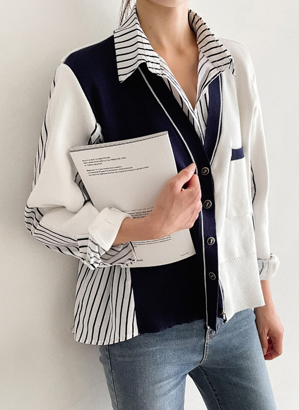 ストライプシャツドッキング切替柄パターン襟カラーネックボタンニットカーディンガン秋冬 トップス カーディガン Wingsmall ウィングスモール ファッション総合通販 Dholic