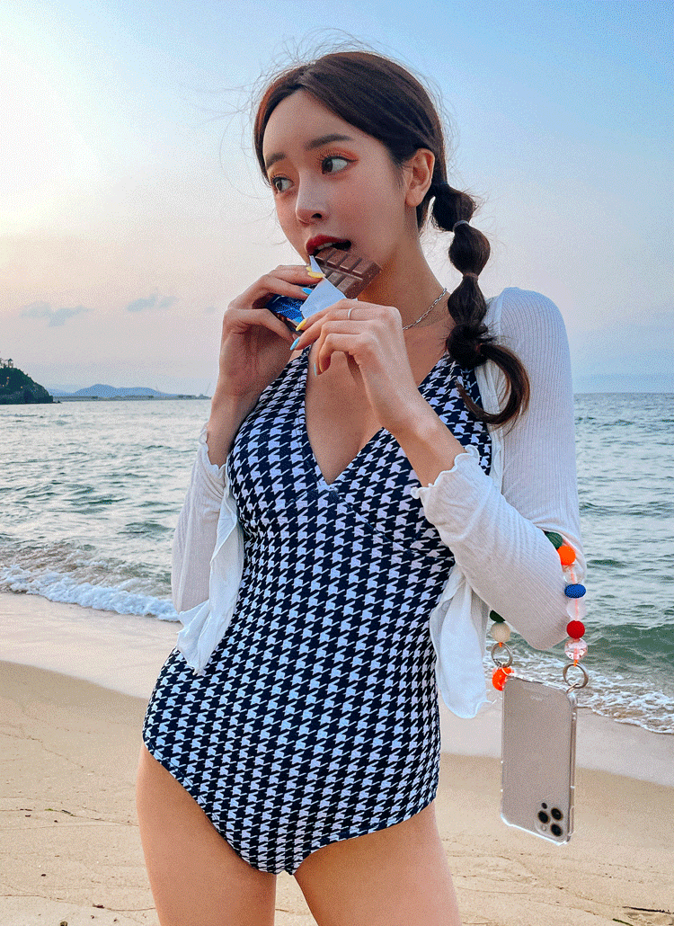 ハウンドトゥースチェック千鳥柄vネックワンピース水着春夏秋 ビーチウェア ワンピース水着 Soulbeach ソウルビーチ ファッション総合通販 Dholic