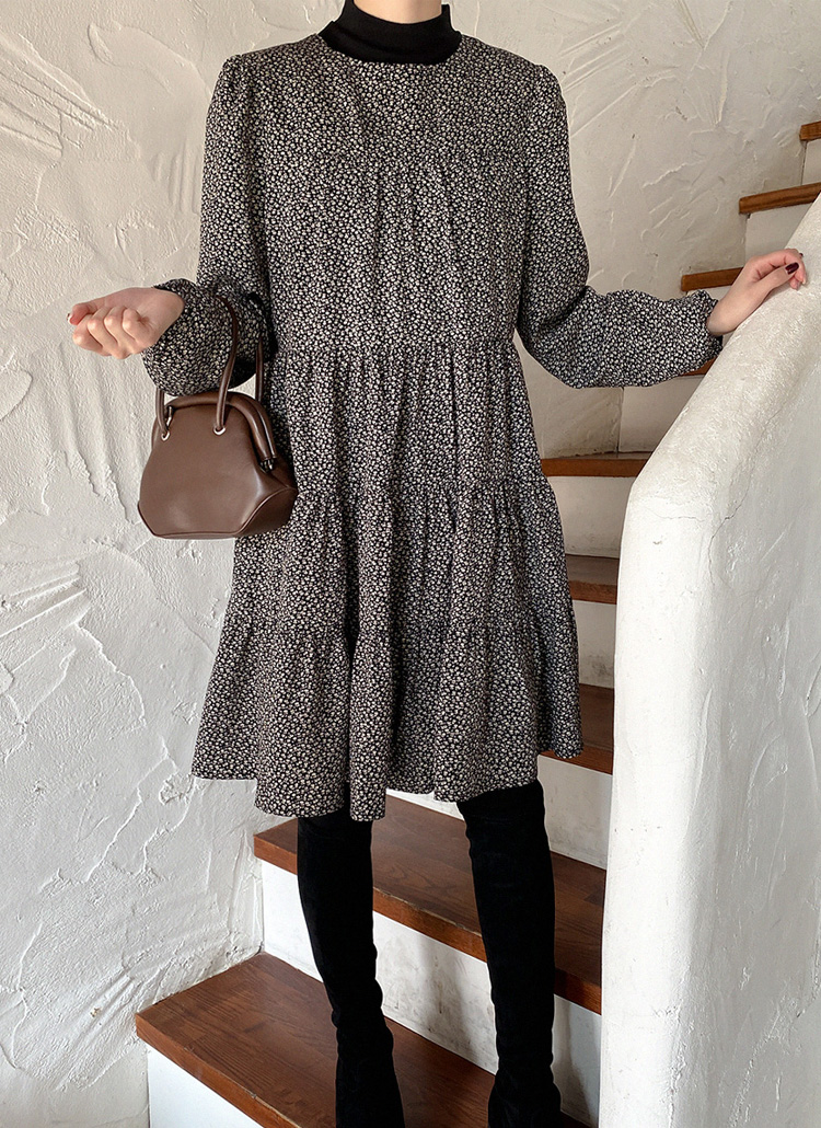 ラウンドネックパフスリーブルーズパターンティアードワンピース春秋冬 ワンピース ミディワンピース 09women 09ウィメン ファッション総合通販 Dholic