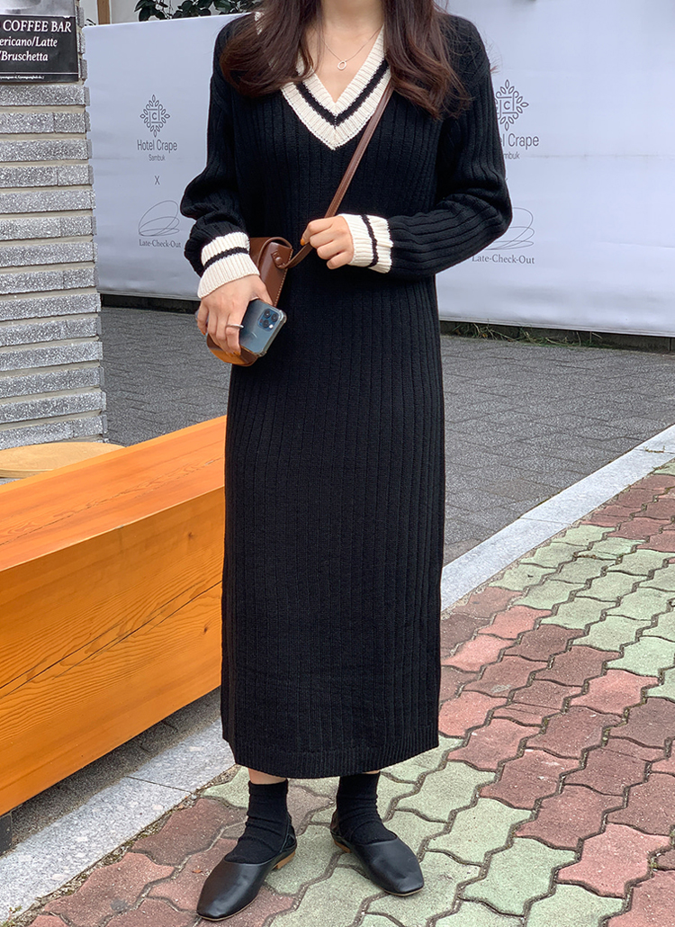 レーヨン混vネック配色ニットロングワンピースシンプル春秋冬 ワンピース ロングワンピース Kclub ケークラブ ファッション総合通販 Dholic