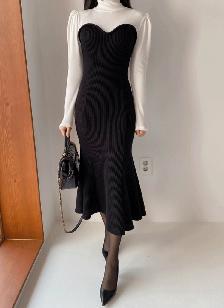 ハイネックパフスリーブスリムドッキング配色マーメイドラインワンピース春秋冬 ワンピース ロングワンピース Arima アリマ ファッション総合通販 Dholic