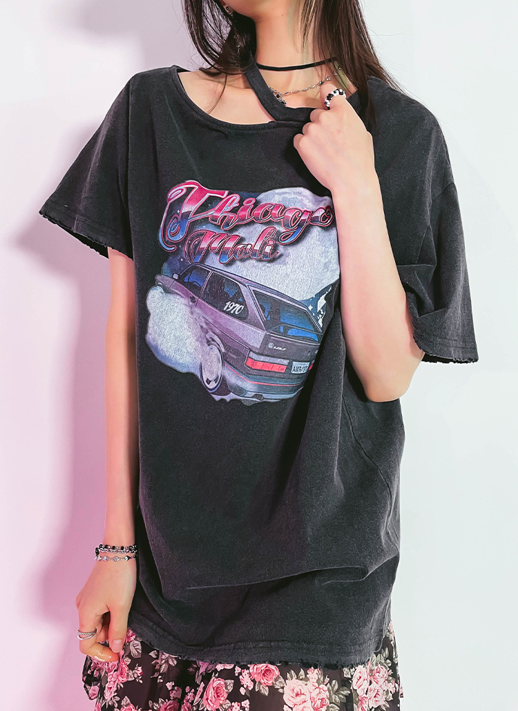 チョーカー風ネックビンテージ風carプリントカットアウトtシャツ春秋冬 トップス 半袖tシャツ Binarywon バイナリーワン ファッション総合通販 Dholic