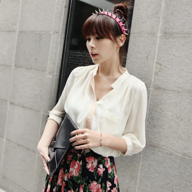 <font color=red><b>◆◆雑誌CLASSY8月号掲載◆◆</b></font>ショルダーシャーリングボタンライン配色7分袖ミディアム丈ブラウス・全3色 | DHOLIC | 詳細画像1