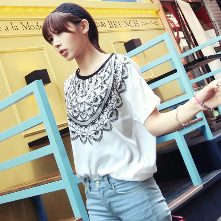 レースプリントラウンドネックオーバーサイズ半袖Tシャツ・全3色 | DHOLIC | 詳細画像1