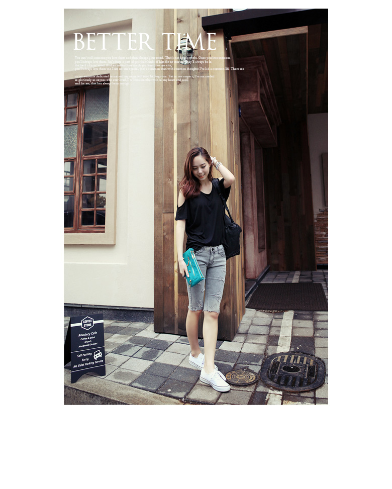 モノトーンカラーラウンドネックショルダーオープン５分袖ルーズコットンＴシャツ・全３色 | DHOLIC | 詳細画像9