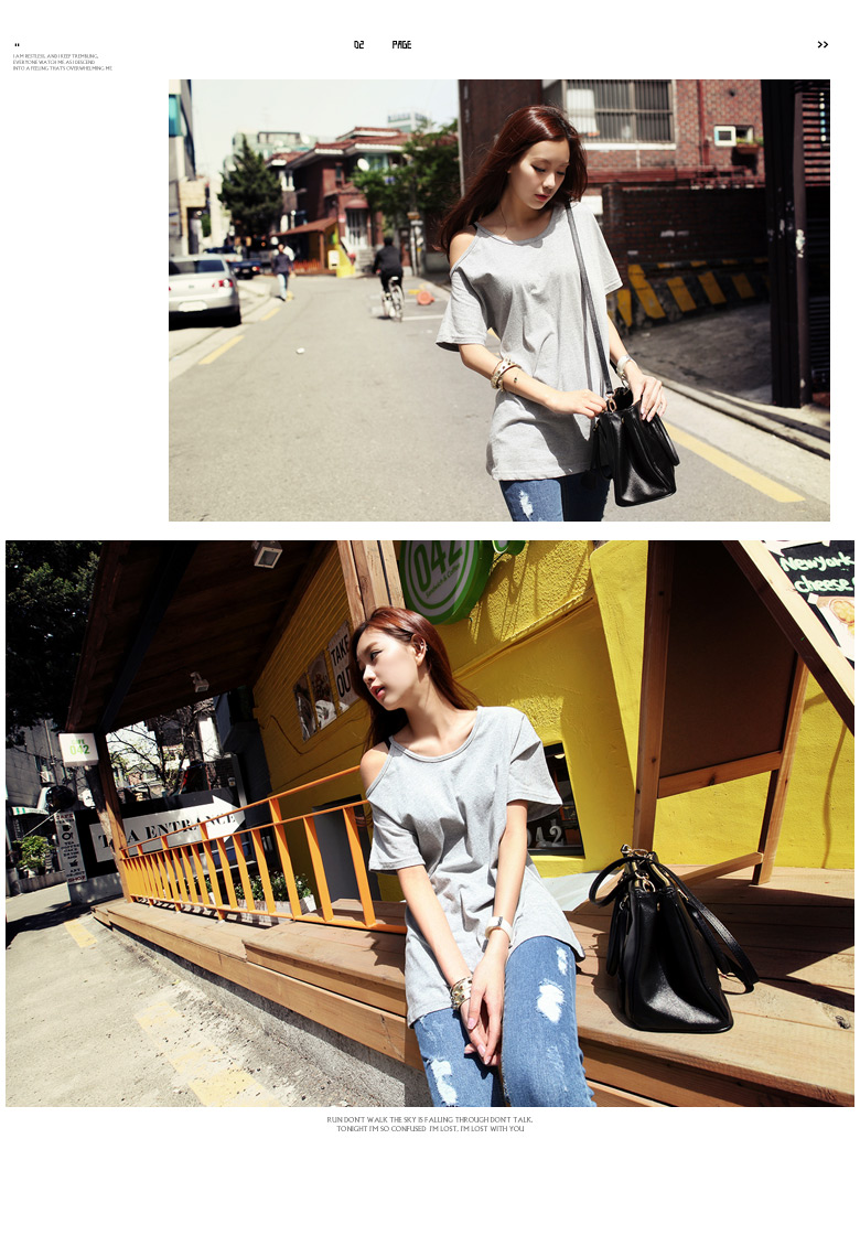 シンプルカラーワンオープンショルダーラウンドネック５分袖コットンＴシャツ・全４色 | DHOLIC | 詳細画像13