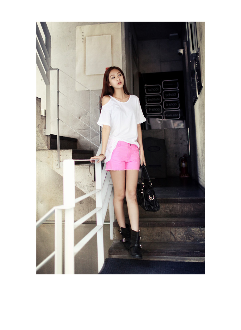 シンプルカラーワンオープンショルダーラウンドネック５分袖コットンＴシャツ・全４色 | DHOLIC | 詳細画像16
