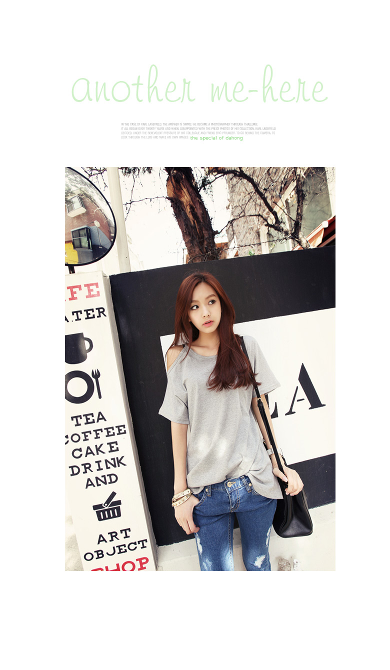 シンプルカラーワンオープンショルダーラウンドネック５分袖コットンＴシャツ・全４色 | DHOLIC | 詳細画像3