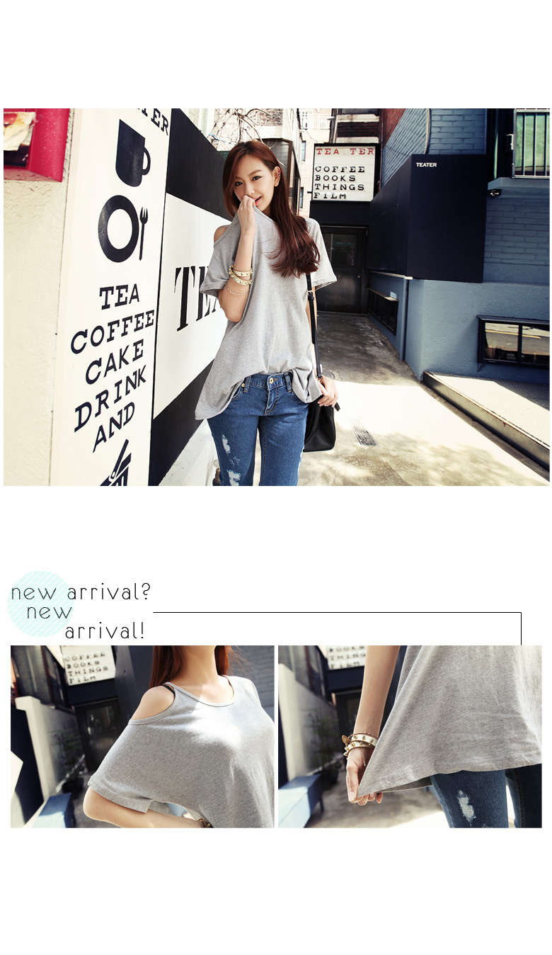 シンプルカラーワンオープンショルダーラウンドネック５分袖コットンＴシャツ・全４色 | DHOLIC | 詳細画像6