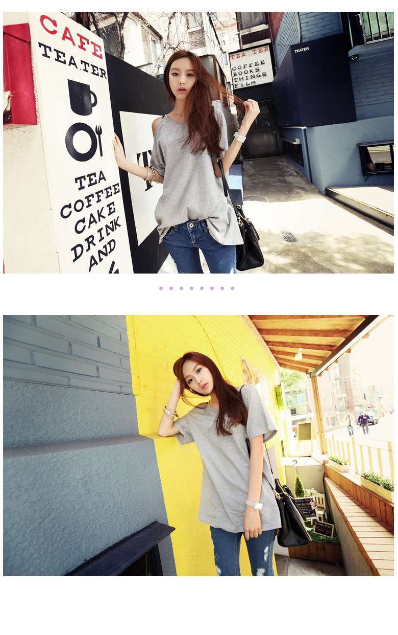 シンプルカラーワンオープンショルダーラウンドネック５分袖コットンＴシャツ・全４色 | DHOLIC | 詳細画像8