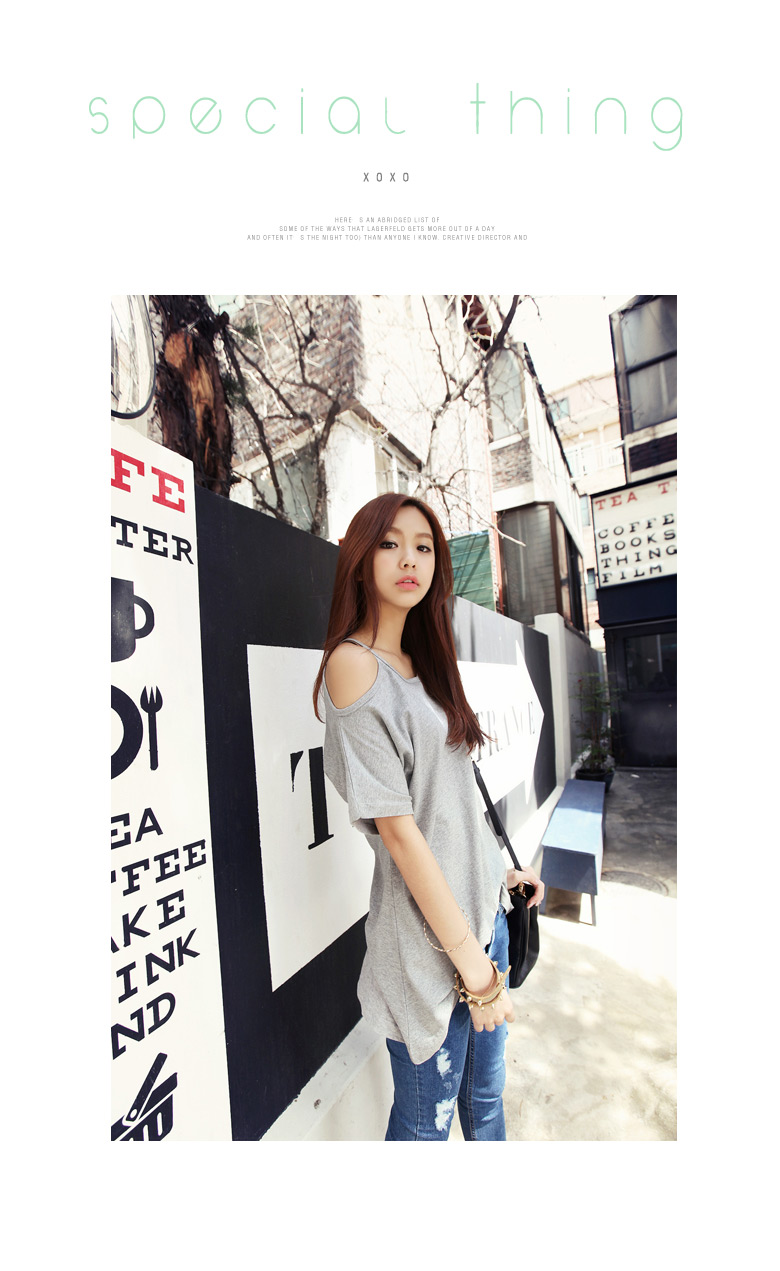 シンプルカラーワンオープンショルダーラウンドネック５分袖コットンＴシャツ・全４色 | DHOLIC | 詳細画像9