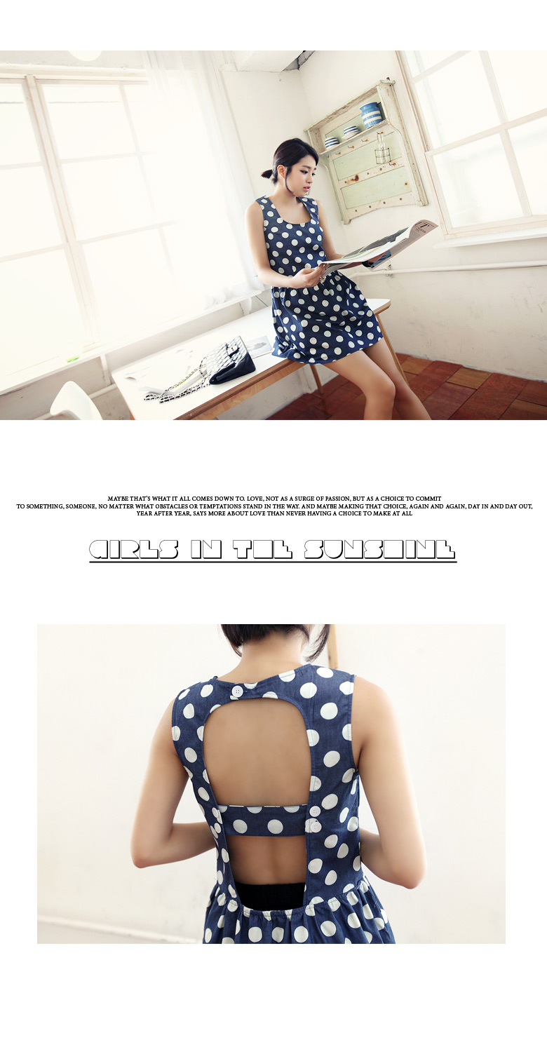 バックオープンブルーデニムドット柄スクエアネックノースリーブミニ丈フレアワンピース・全２色 | DHOLIC | 詳細画像14