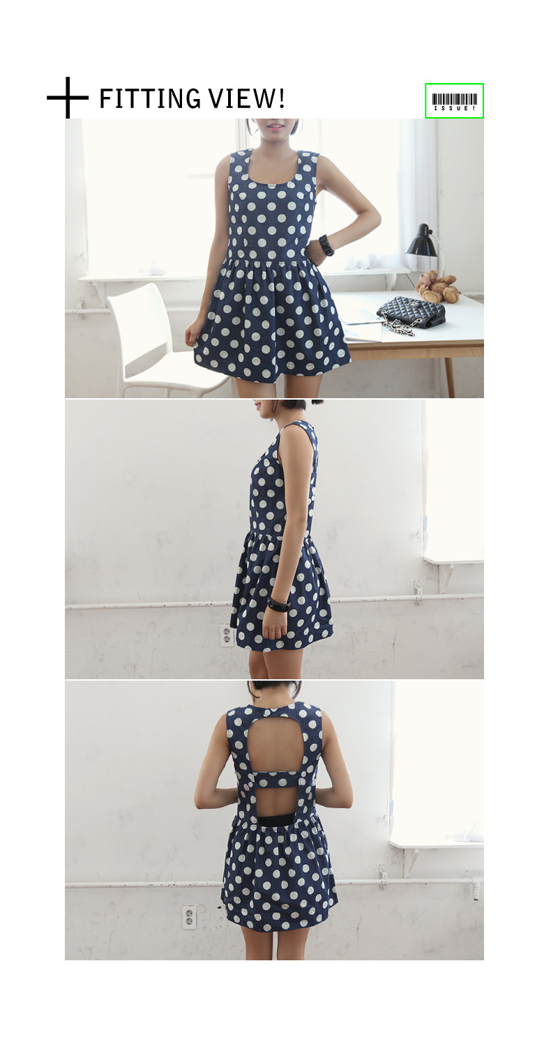 バックオープンブルーデニムドット柄スクエアネックノースリーブミニ丈フレアワンピース・全２色 | DHOLIC | 詳細画像15