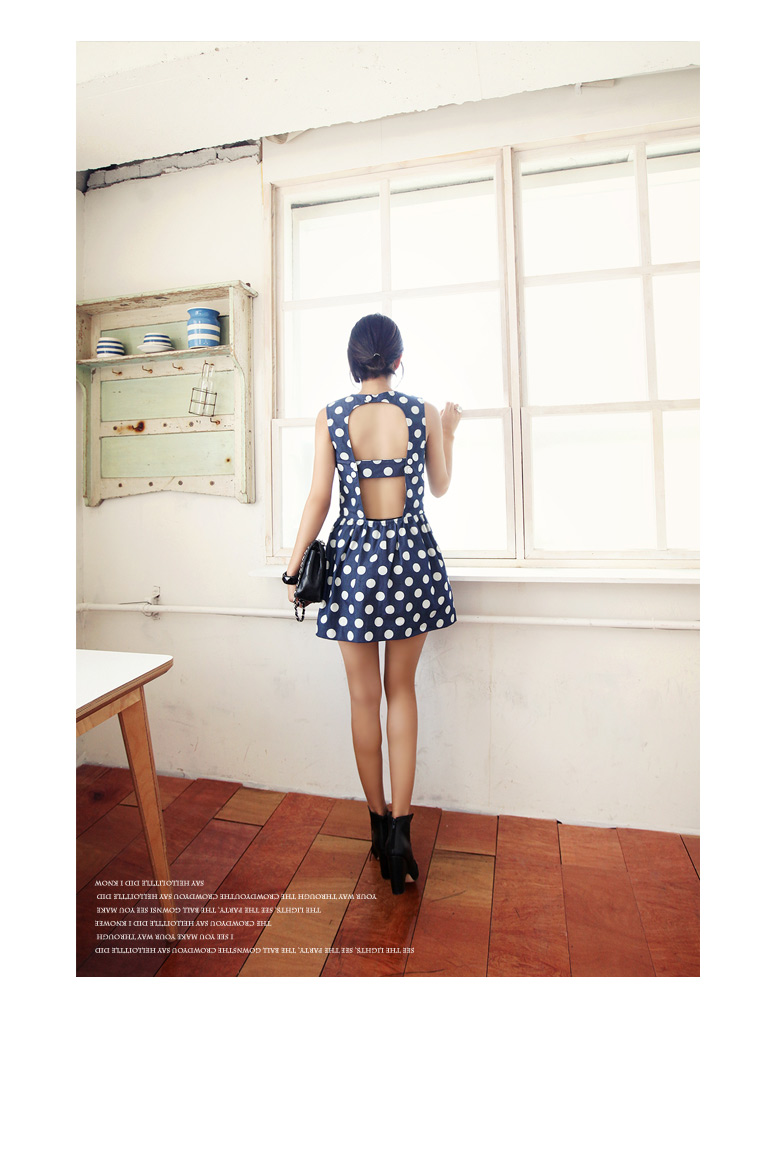 バックオープンブルーデニムドット柄スクエアネックノースリーブミニ丈フレアワンピース・全２色 | DHOLIC | 詳細画像6