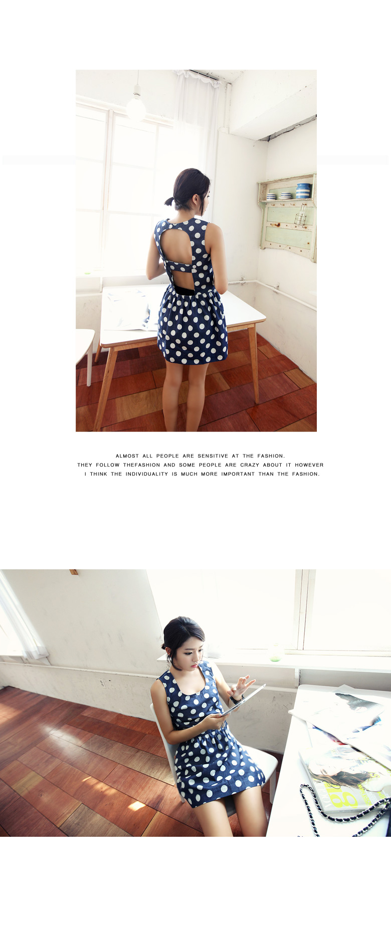 バックオープンブルーデニムドット柄スクエアネックノースリーブミニ丈フレアワンピース・全２色 | DHOLIC | 詳細画像8