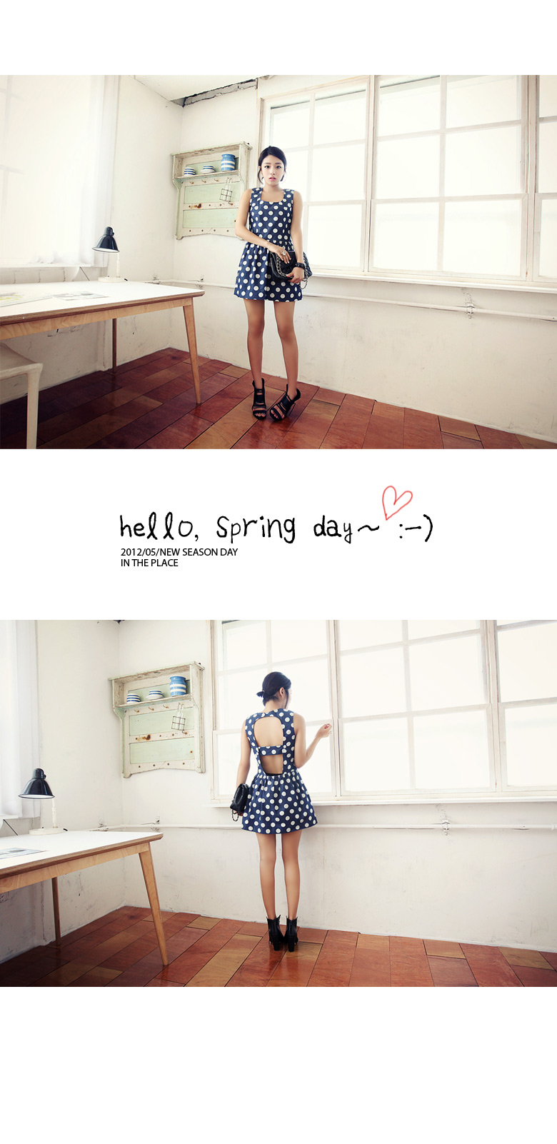 バックオープンブルーデニムドット柄スクエアネックノースリーブミニ丈フレアワンピース・全２色 | DHOLIC | 詳細画像10
