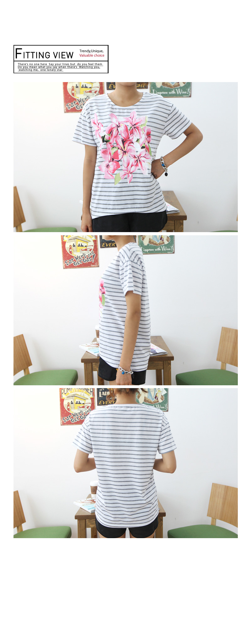 ビックフラワープリンティングストライプルーズフィットTシャツ・全2色 | DHOLIC | 詳細画像11