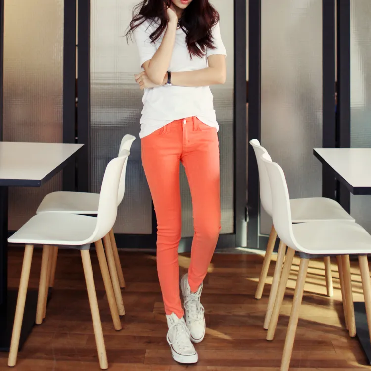 <font color=red><b>◆◆BLENDA7月号/VIVI7月号掲載◆◆</b></font>シンプルビビッドカラー綿混紡素材10分丈スキニーパンツ・全6色 | DHOLIC | 詳細画像1