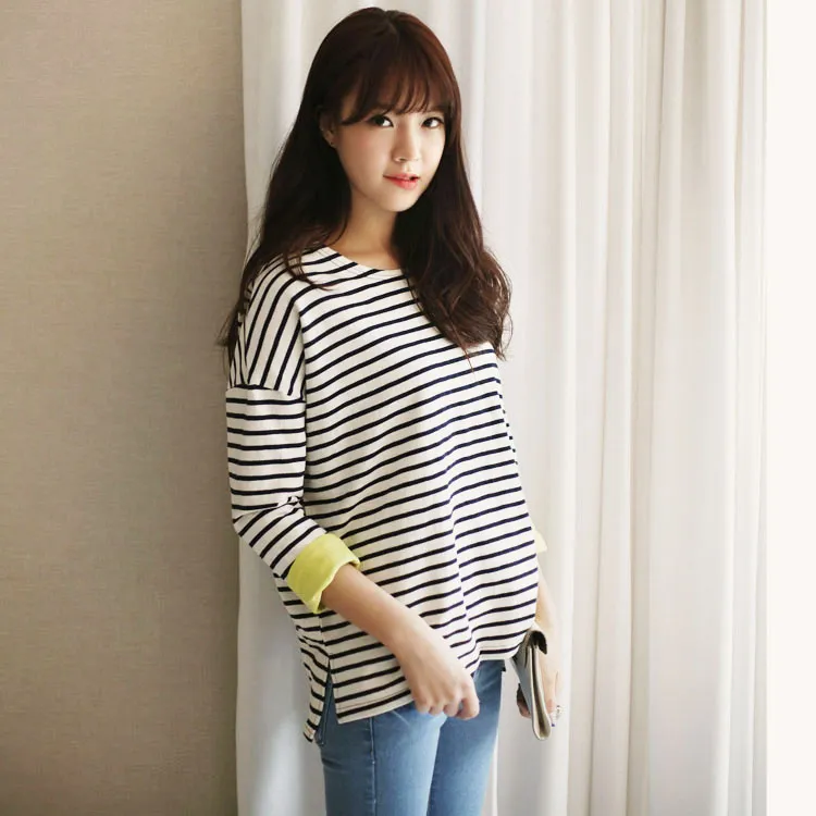 <font color=red><b>◆◆SEDA6月号掲載◆◆</b></font>配色ポイントボーダーパターン綿100%素材ラウンドネック長袖サイドスリット入りTシャツ・全2色 | DHOLIC | 詳細画像1