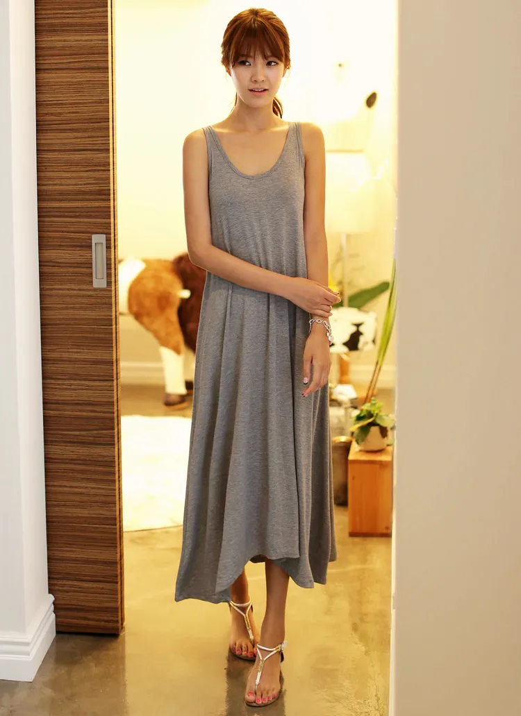 シンプルレーヨン混紡素材ラウンドネックノースリーブＡラインフレアーロングアンバランスワンピース・全8色 | DHOLIC | 詳細画像1