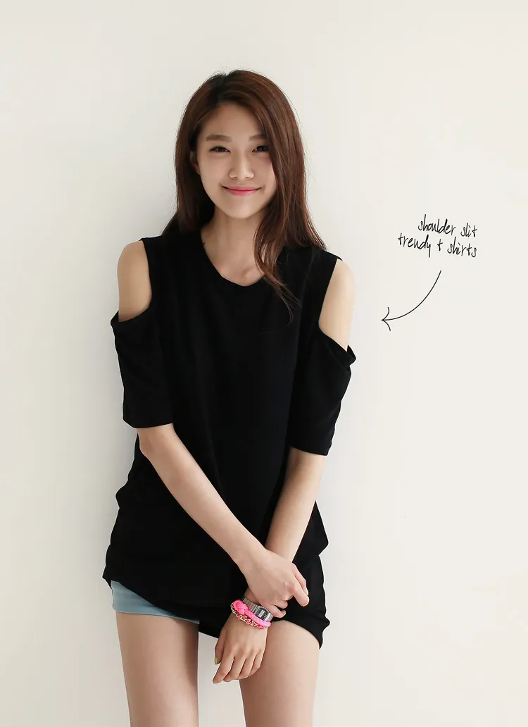 ショルダースリットポイントポリエステル混紡素材ルーズフィットラウンドネック5分袖ロングTシャツ・全3色 | DHOLIC | 詳細画像1