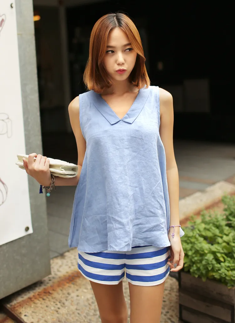 リボン&襟付きVネックレーヨン混紡素材ノースリーブブラウス・全3色 | DHOLIC | 詳細画像1