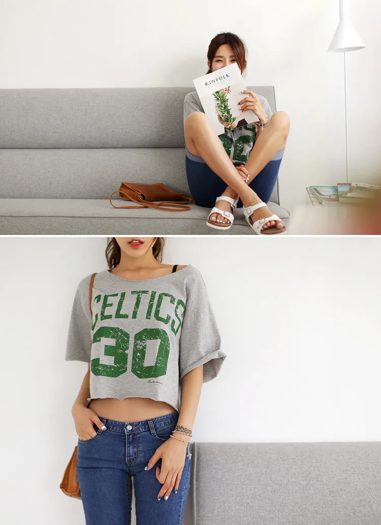 プリントポイント綿100%素材ルーズフィットラウンドネック5分袖ショートクロップドTシャツ・全3色 | DHOLIC | 詳細画像1