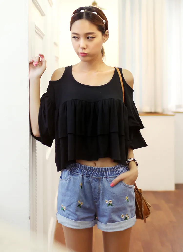 ショルダースリットポイント綿混紡素材ラウンドネック6分袖ティアードTシャツ・全3色 | DHOLIC | 詳細画像1