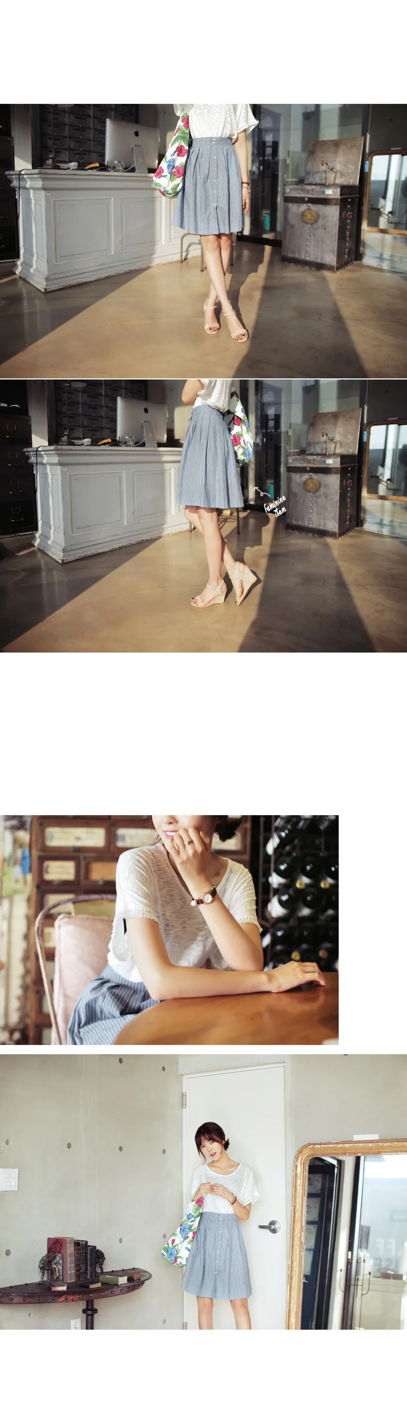 ストライプパターン＆デニムボタンポイントミディ丈スカート・全3色 | DHOLIC | 詳細画像3