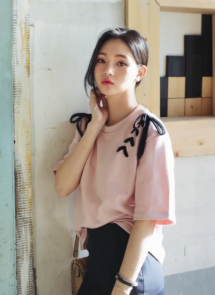 リボンレースアップ半袖Tシャツ・全3色 | DHOLIC | 詳細画像1