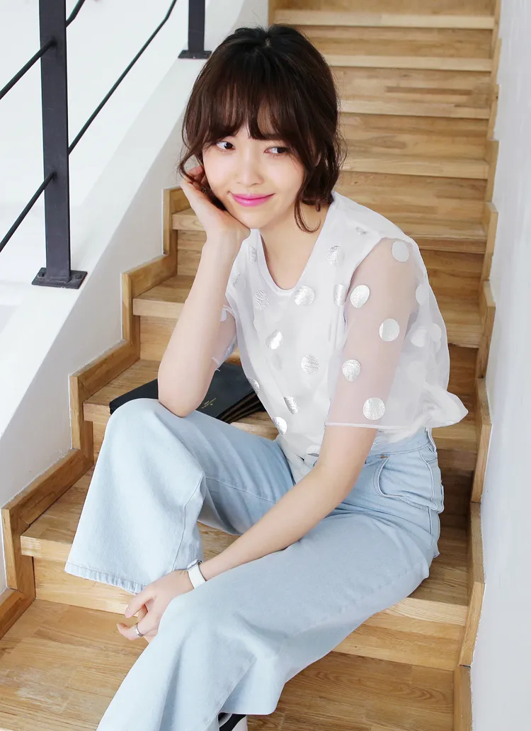 シルバードット柄オーガンジーTシャツ・全3色 | DHOLIC | 詳細画像1