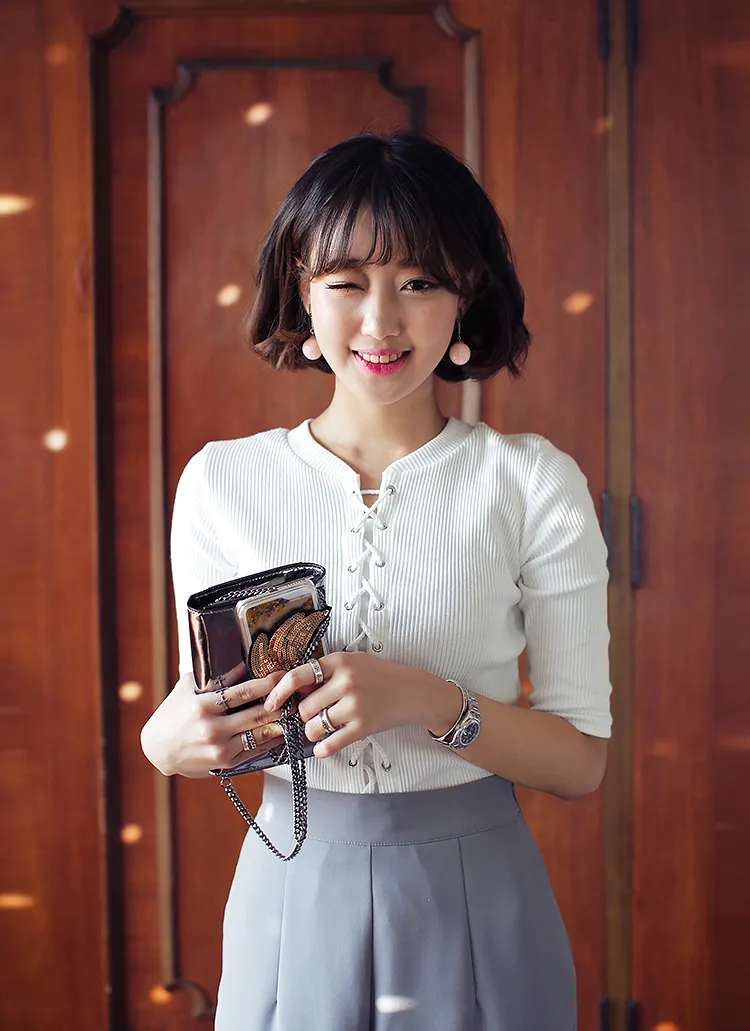 レースアップリブニットトップス・全2色 | DHOLIC | 詳細画像1