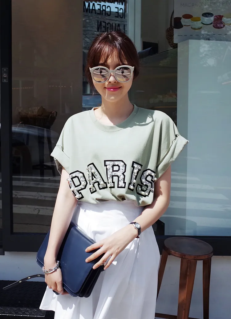 PARISパールビジューロゴTシャツ・全3色 | DHOLIC | 詳細画像1