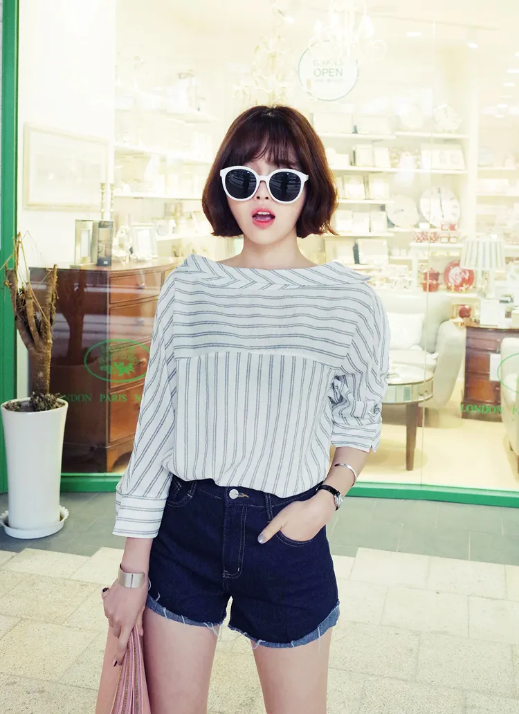 ストライプ柄アンバランスカラーロングブラウス・全2色 | DHOLIC | 詳細画像1