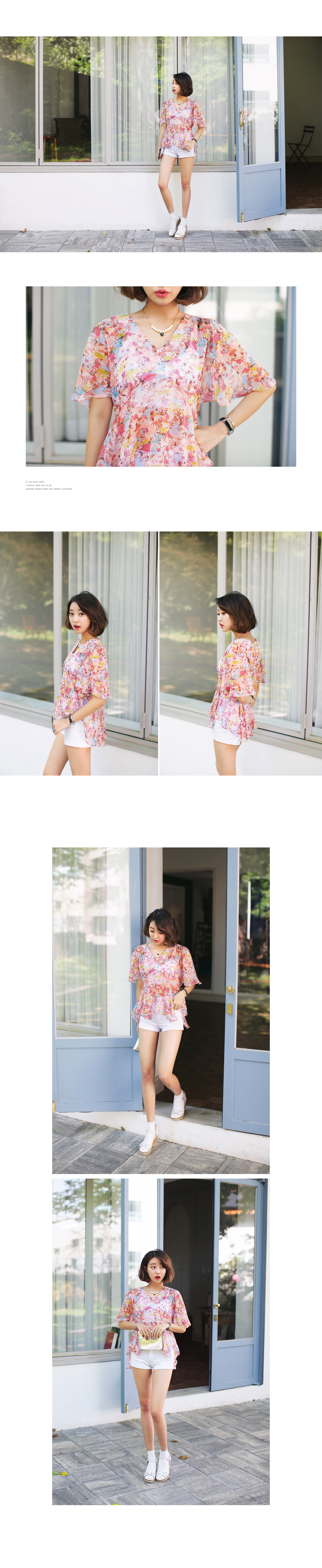 水彩フローラルVネックブラウス・全2色 | DHOLIC | 詳細画像3